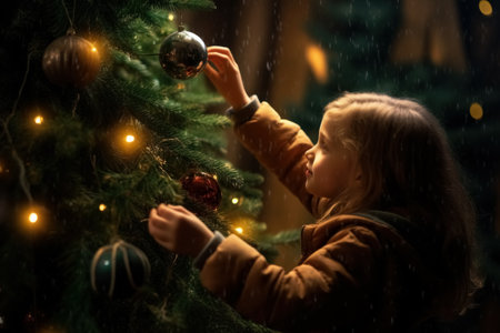 Close up portrait little girl decorates Christmas tree, hang on branches baubles and garland. Generative AI.の素材