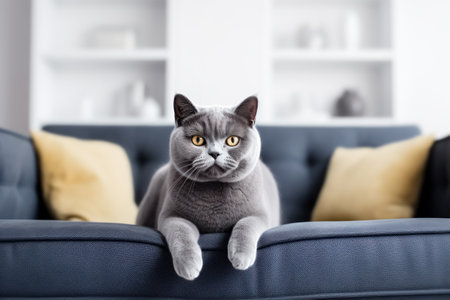 One beautiful british shorthair cat lies on gray sofa in living room and looks in camera. Generative AI.の素材