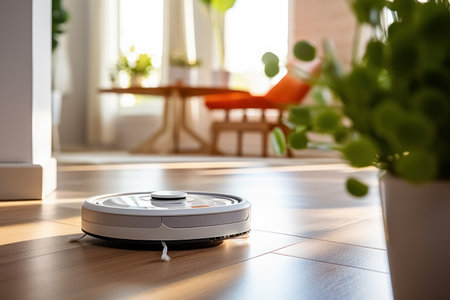 Modern white robot vacuum cleaner on floor in living room for daily dry cleaning of house. Generative AI.の素材