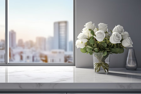 Bouquet of white roses in vase on quartz countertop of monochromatic kitchen with window and view of the city, copy space. Generative AI.の素材