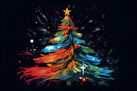 Abstract multicolored drawing of Christmas tree on a black background. Generative AI.の素材