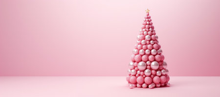 Alternative Christmas tree made of baubles on pink background New year banner with copy space. Generative AI.の素材