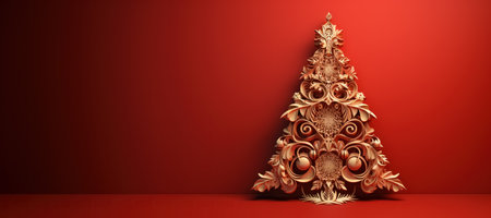 Creative Christmas tree with curls and balls on red background, banner with copy space. Generative AI.の素材