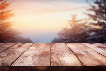 Blank blurred background with snowy winter forest landscape and wooden table with copy space. Mockup for montage design, new product or decoration. Generative AI.の素材