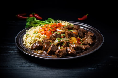 Spaghetti and beef meat stew with vegetables on plate on table black background. Generative AI.の素材