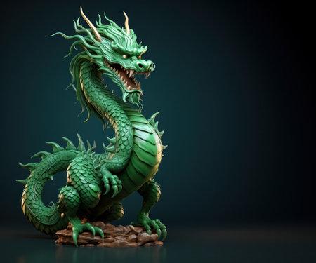 Figure of green dragon on dark background, symbol of year according to Chinese lunar calendar. Generative AI.の素材