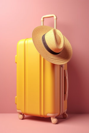 Yellow suitcase, straw hat and sunglasses on pink background. minimalist composition. Summer travel vacation concept. Generative AI.の素材