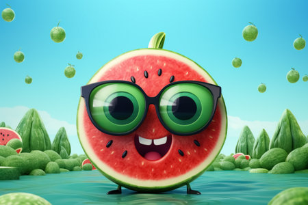Happy cute watermelon with a smile on his face wearing glasses on a creative natural green background. Generative AI.の素材