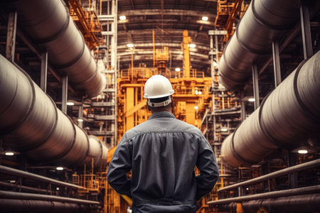 Working engineer with protective helmet control work an oil and gas refinery, back view. Generative AI.の素材