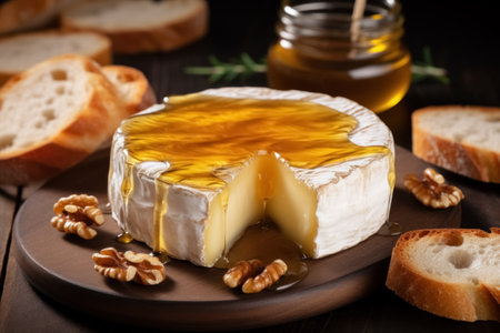 Soft Camembert cheese paired with toasted bread and honey, presented on rustic wooden background.の素材