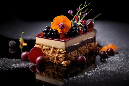 Luxurious dessert featuring piece of premium chocolate souffle cake, artfully decorated with berries and flowers, sweet and exclusive delight.の素材