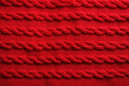 Textile background for design with close-up view of soft, knitted texture in warm wool, showing an intricate pattern with red horizontal braids, copy space.の素材