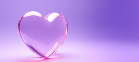 Transparent crystal heart isolated on clean empty purple hue background with copy space. Greeting card, banner for holiday Valentine's day.の素材