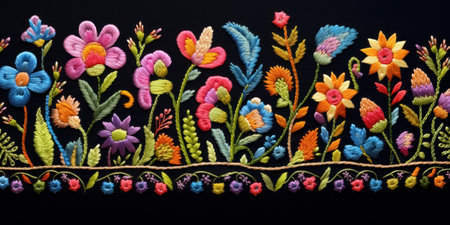 Border with embroidery with natural pattern of flowers and leaves on black background. Handmade for piece of clothing or an interior item.の素材