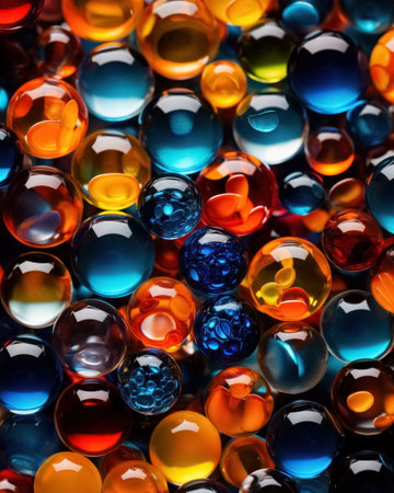 Multicolored glass spheres close up in background, surface with pattern from different small bright crystal balls.の素材