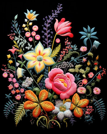 Embroidery with natural pattern bouquet of flowers and leaves on black background. Handmade for piece of clothing or an interior item.の素材