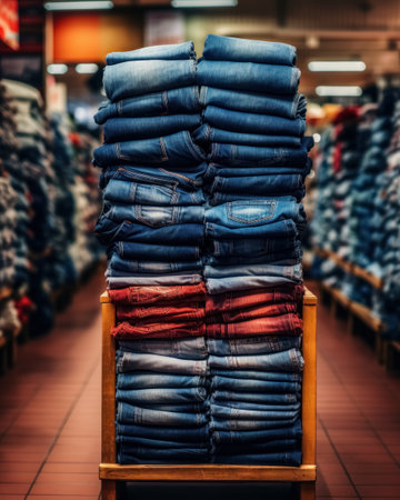 Stack of blue jeans in store shopping center, sale casual attire denim in showroom.の素材