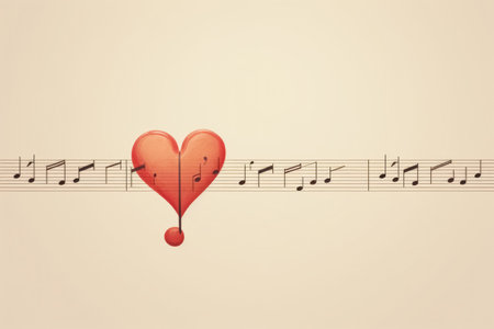 Small red heart on line with notes, melody of love. Beige background with place for text.の素材