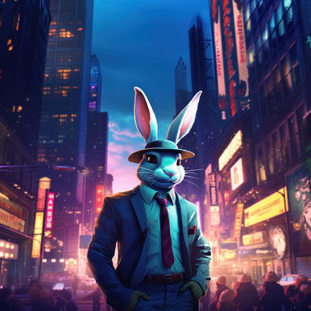 Stylish white bunny sporting fedora and business suit, strolling through bustling cityscape surrounded by bold colors and dynamic lighting night town.の素材