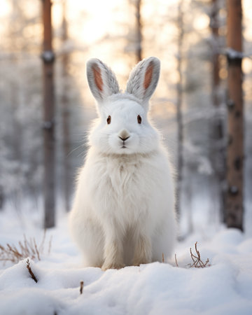 Cute white hare in white camouflage fur coat on background of snowy landscape in forest.の素材