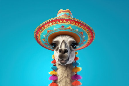 Comical llama wearing traditional Mexican sombrero hat, set against vibrant blue background.の素材