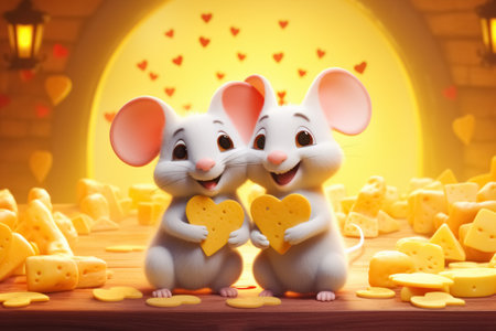 In the spirit of Valentine's Day, two affectionate white mice clutch heart shaped cheese on romantically themed backdrop, symbolizing their love.の素材