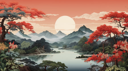 Illustration of fantastic landscape with red trees in foreground, high mountains, sea and huge sunset sun with orange sky.の素材
