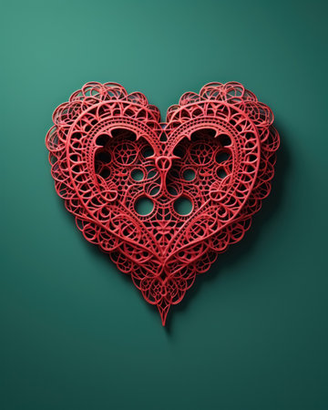 Red lace heart with an intricate pattern, beautiful curls isolated on green background. Romantic Valentine's Day greeting card.の素材