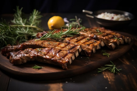 Close up of pork ribs grilled with BBQ sauce, tasty snack to beer on wooden board black background with rosemary.の素材