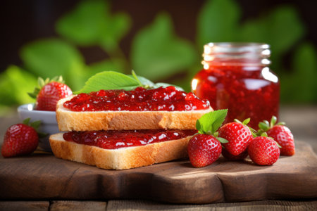 White bread toast with strawberry jam on wooden board on green natural background.の素材