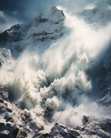 An enormous, powerful avalanche rushes down mountain, sweeping everything in its path.の素材