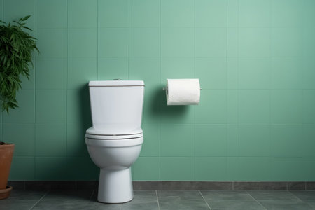 White, clean, porcelain toilet bowl with water tank, roll of toilet paper and closed seat lid against green wall with ceramic tiles and place for text.の素材