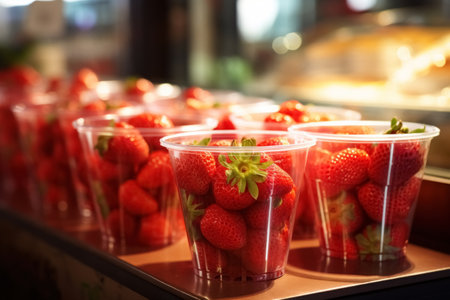 Plastic cup with strawberries on shelf in store. Healthy ready to go snack to take away from berries in glass.の素材