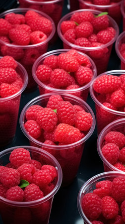 Top view on plastic glass with raspberries to take away as snack in cup. Quick, healthy snack from berries in convenient container.の素材