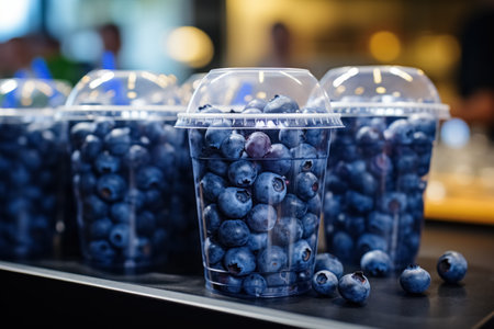 Plastic glass with lid closed with blueberries on shelf in store. Healthy ready to go snack to take away from berries in cup.の素材
