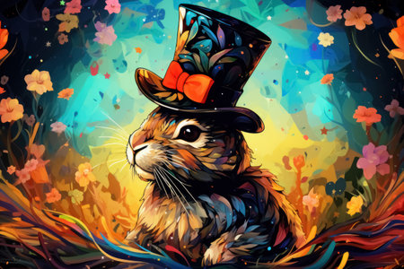 Cute rabbit in funny top hat on magical abstract meadow with beautiful colorful plants and flowers.の素材