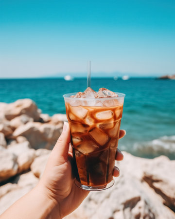 Person hand holds plastic glass with cold coffee against background of landscape with blue sea, refreshing summer drink with ice.の素材