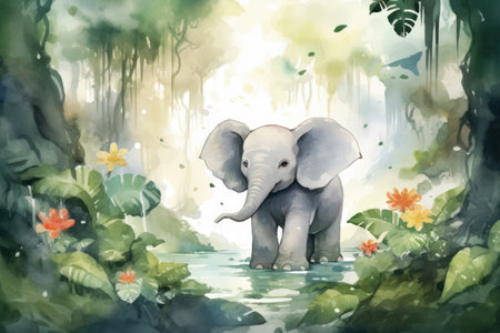 Watercolor-style illustration soft pastels colors, gentle lighting, of playful elephant walking through jungle to watering hole to refreshing pond.の素材