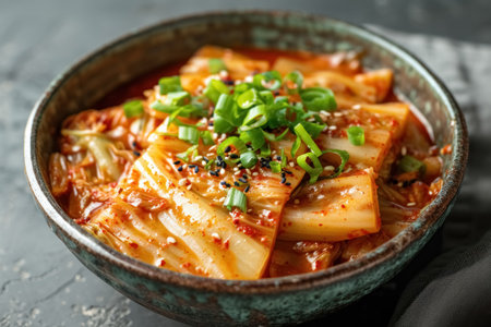 Close up top view kimchi cabbage in bowl on gray concrete background, healthy fermented sauerkraut food.の素材