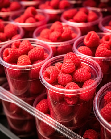 Plastic glass on shelf in supermarket with raspberries ready to take away. Quick, healthy snack from berries in convenient cup.の素材