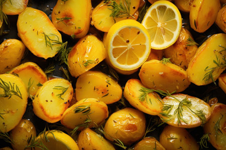 Top view closeup of baked Greek potatoes, infused with zest of lemon and flavors of Mediterranean cuisine and drizzled with aromatic olive oil and herbs.の素材