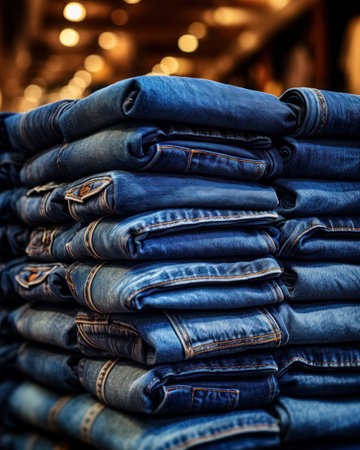 Blue jeans stacked on shelf in store shopping center, sale casual attire denim in showroom.の素材