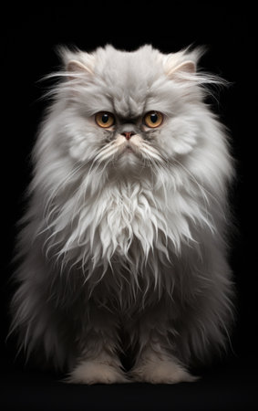 Full body studio portrait fluffy white persian cat sitting with strict expression and looking in camera isolated on black background.の素材