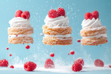 Cupcakes with whipped cream and raspberry levitation in air on blue pastel gradient background.の素材