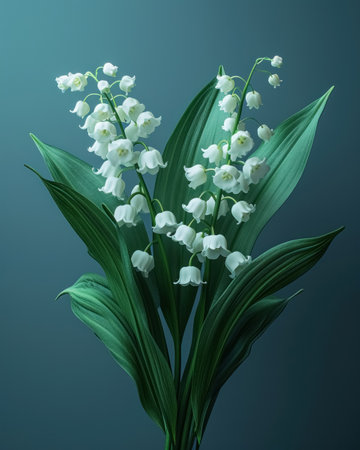 Delicate bouquet white blossoming lilies of the valley on deep blue background.の素材