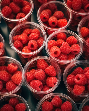Top view on plastic glass on shelf in supermarket with raspberries ready to take away. Quick, healthy snack from berries in convenient cup.の素材
