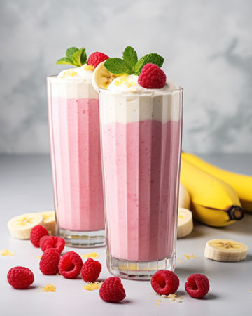 Two tall glasses with milkshake cocktail of raspberries and banana on gray concrete background, beautifully decorated whipped cream and mint.の素材