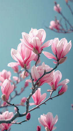 Magnolia branch with blooming young pink flower buds on blue background, natural spring background, delicate greeting card.の素材