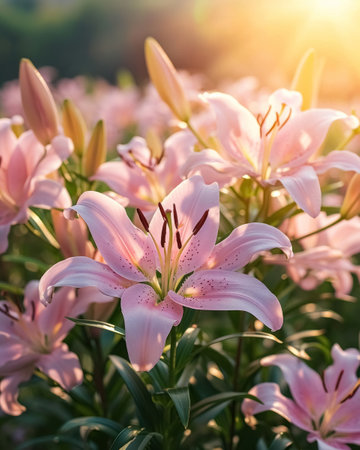 Blooming pink lilies close-up of the garden on sunny warm day, beautiful flowers on natural background.の素材