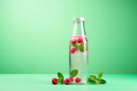Glass transparent bottle with refreshing drink detox infused water with raspberry and mint. Isolated beverage on green background banner with copy space.の素材